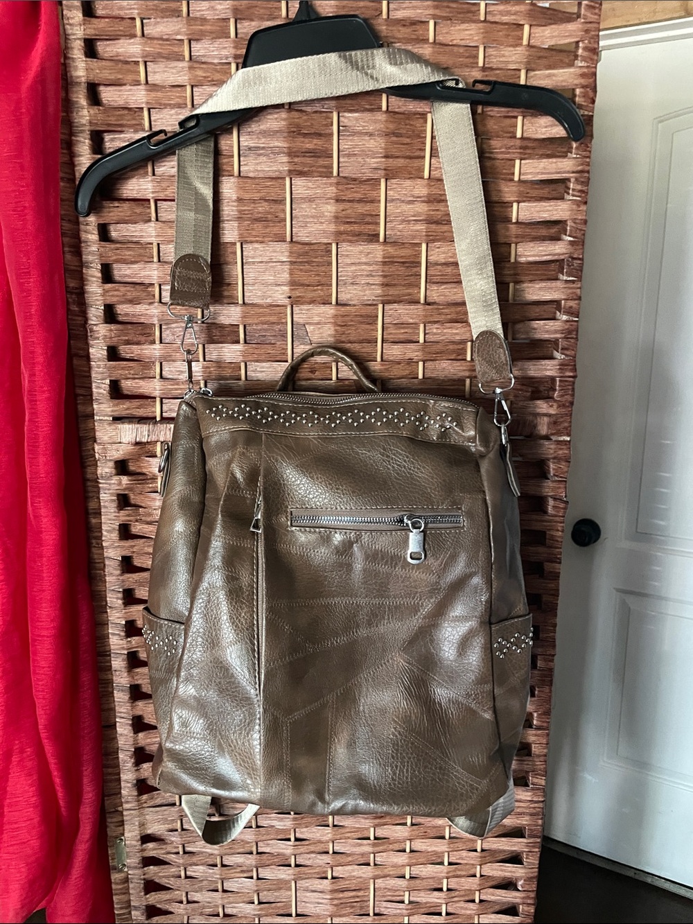 Studded Olive Green Leather Backpack Tote